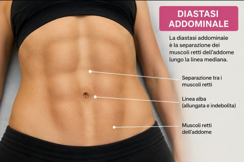 separazione tra i muscoli retti, linea alba allungata e debole 